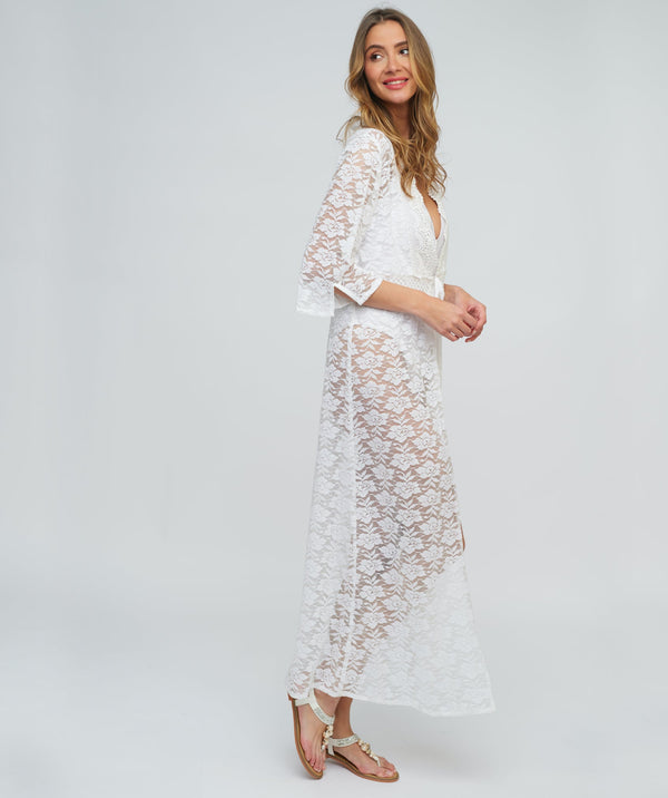 White Lace Kimono with Sheer Floral Lace and Waist Tie