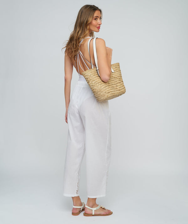 White Beach Trousers with Lace Panel Front and Elastic Waistband