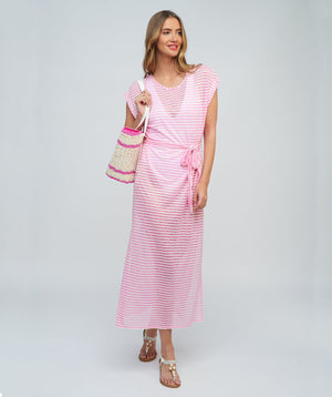 Pink/White Stripe Maxi Dress with Side Slits and Waist Tie