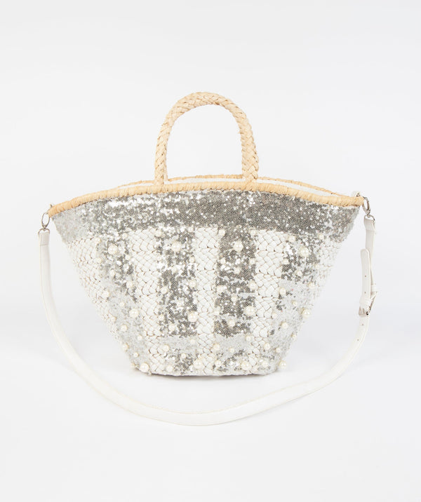 White Pearl-Embellished Straw Basket with Zip Closure and Interior Pockets