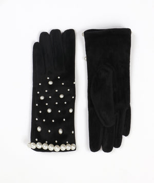 Pearl Embellished Velvet Glove - Black - Accessories, Black, Glove, Perla, Winter Accessories