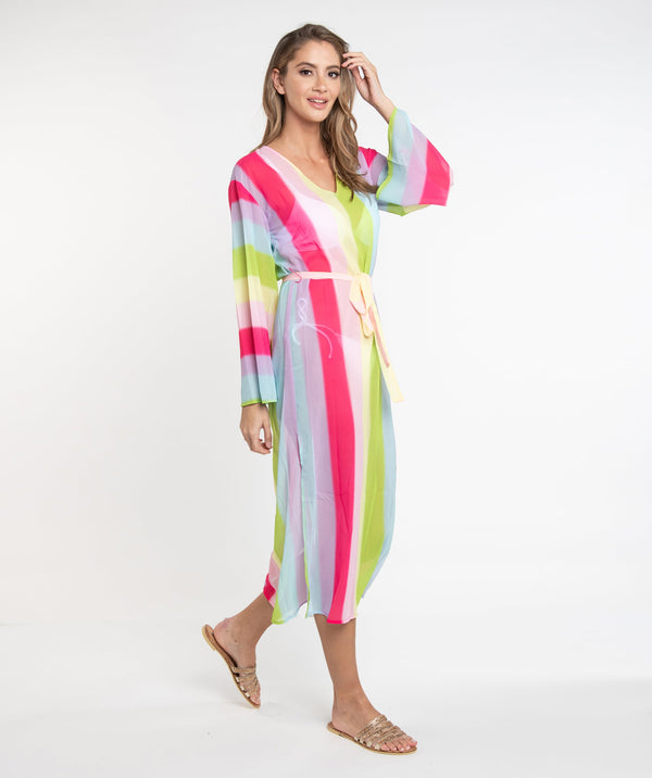 Multicoloured Rainbow Striped Maxi Dress with Pastel Hues