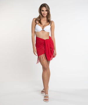 Red Fringed and Beaded Sarong with Self-Fastening Closure
