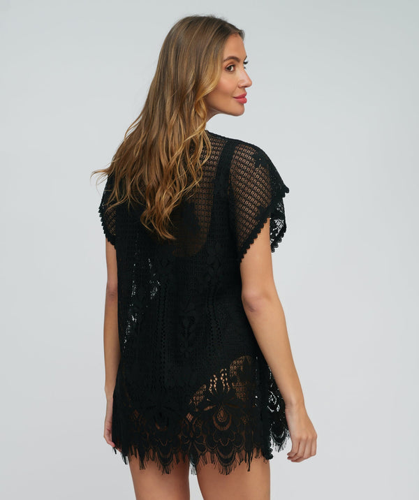 Black Lace Beach Coverup with Side Splits and Open Batwing Sleeve
