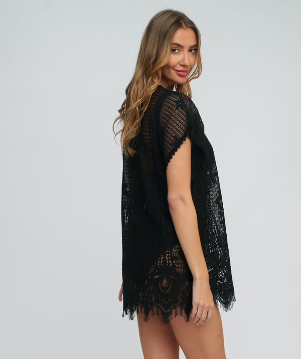 Black Lace Beach Coverup with Side Splits and Open Batwing Sleeve