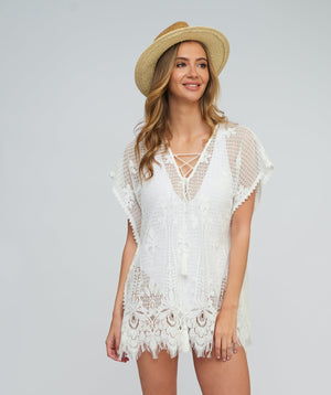 White Lace Beach Coverup with Side Splits and Batwing Sleeve