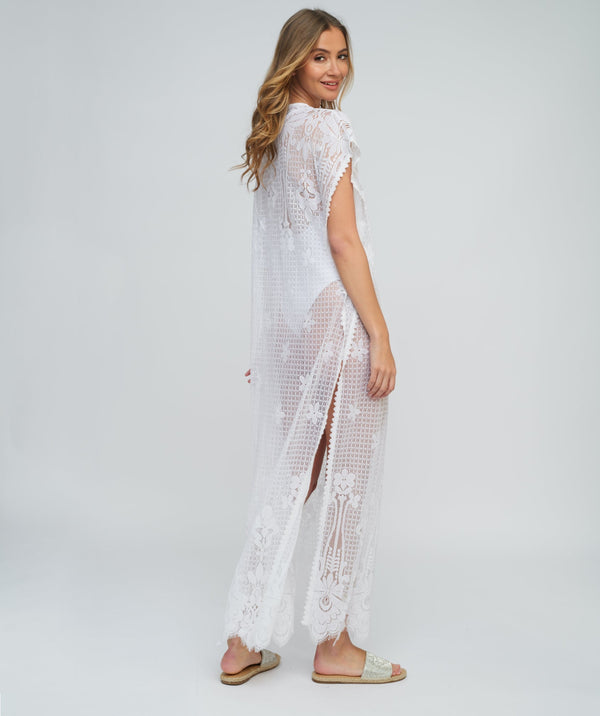 White Lace Maxi Coverup with Floral Embroidery and Side Splits