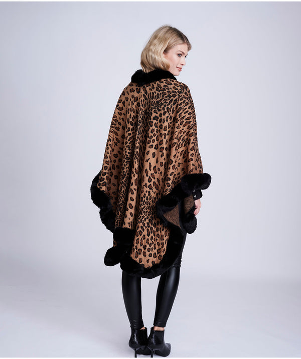 Leopard Print Fur Trimmed Wrap - Apparel, Leopard, Outerwear, Simona, Wrap
