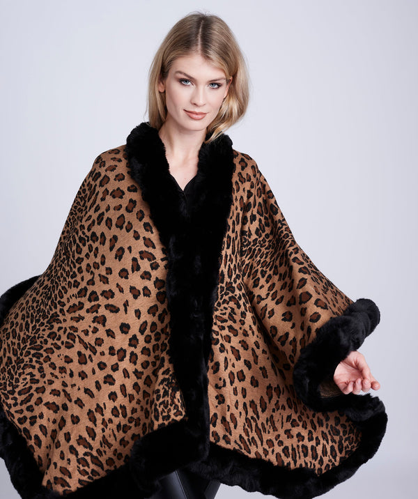 Leopard Print Fur Trimmed Wrap - Apparel, Leopard, Outerwear, Simona, Wrap
