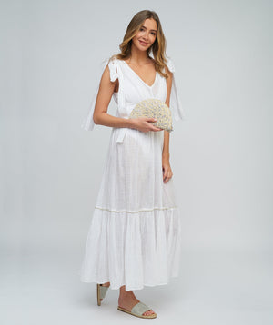 White Cotton Maxi Dress with Bow-Tied Straps and Ruched Hem