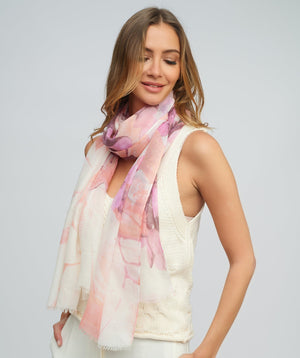 Pink Floral Print Oblong Scarf with Raw Edging