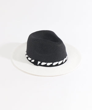 Black and White Two Tone Straw Fedora Hat with Stylish Stripe Design