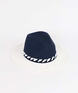 Navy and White Two Tone Straw Fedora Hat with Stylish Stripe Design