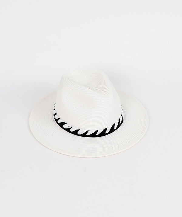 White and Black Striped Straw Fedora Hat