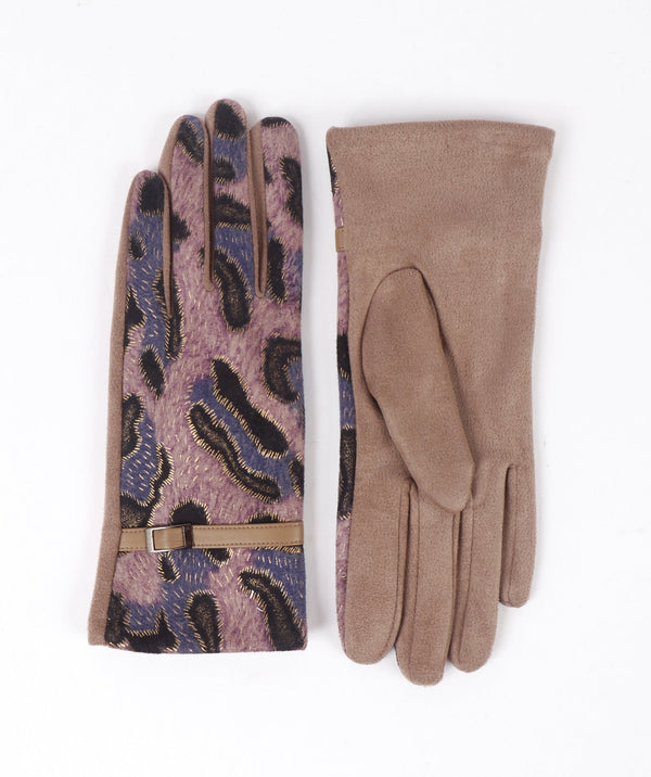 Printed Faux Suede Gloves - Beige - Accessories, Beige, Faux Fur, Glove, Tamson, Winter Accessories