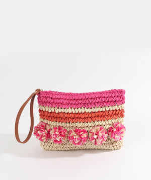 Natural/Pink Striped Tote Clutch Bag with Pom Pom Detail