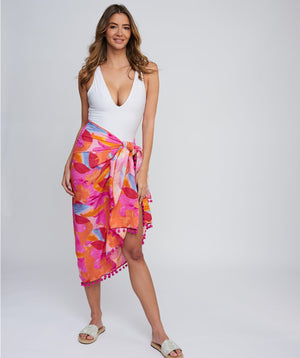 Multicoloured Sheer Sarong with Tropical Print and Pom Pom Fringing