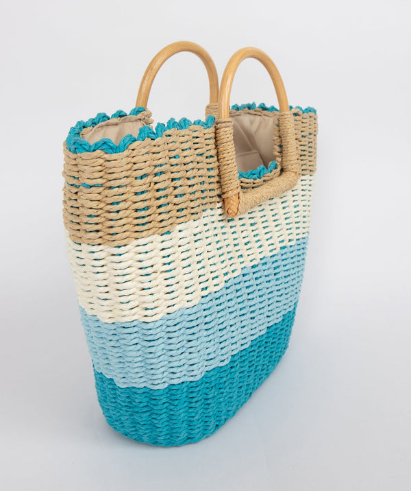 Blue Striped Rattan Bucket Bag with Wooden Handles