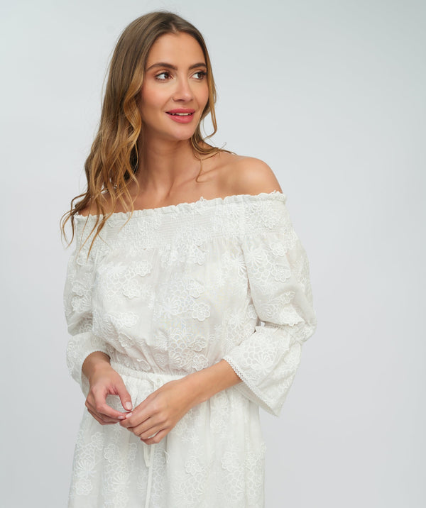 Classic White Off-The-Shoulder Beach Dress with Scalloped Hemline