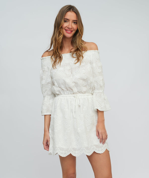 Classic White Off-The-Shoulder Beach Dress with Scalloped Hemline