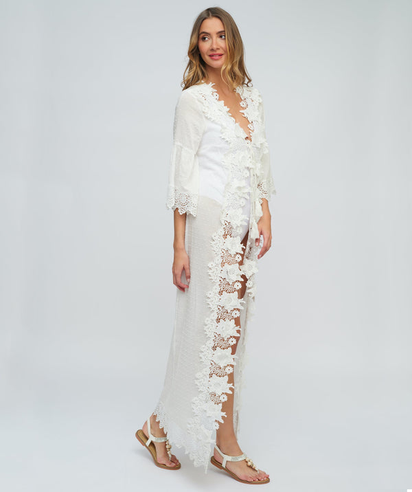 White Lace Maxi Kimono with Embroidered Floral Design