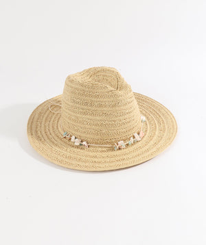 Natural Paper Straw Fedora Hat with Shell Bead Embellishment