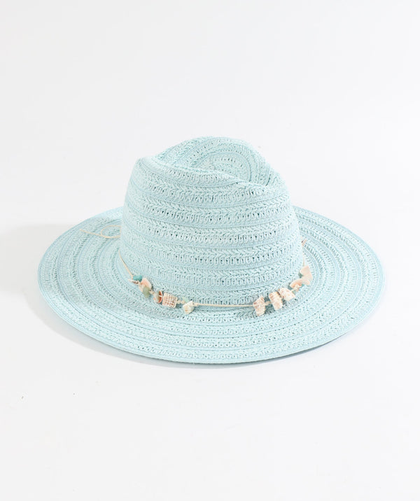 Turquoise Paper Straw Fedora Hat with Shell Bead Embellishment