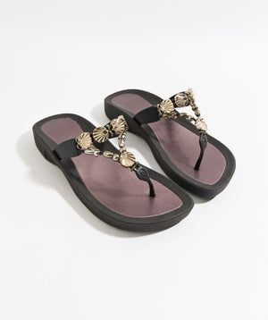 Black Wedged Embellished Sandal with Non-Slip Sole and Padded Insole