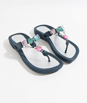Navy Wedged Embellished Sandals with Non-Slip Sole