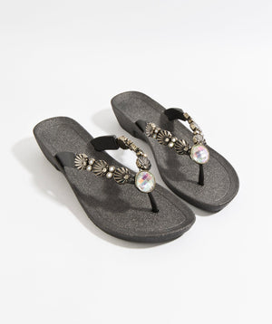 Black Wedged Embellished Sandals with Non-Slip Sole