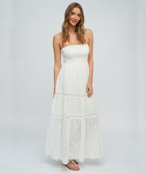 White Bandeau Maxi Dress with Floral Embellishment