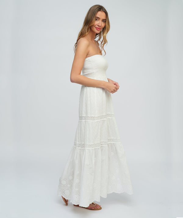 White Bandeau Maxi Dress with Floral Embellishment