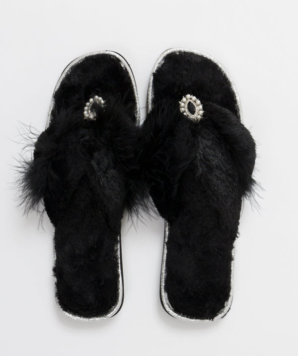 Faux Fur Slippers - Black