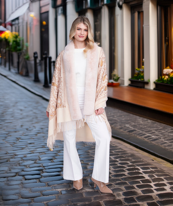 Abby - Beige Printed Wrap with Faux Fur Trim