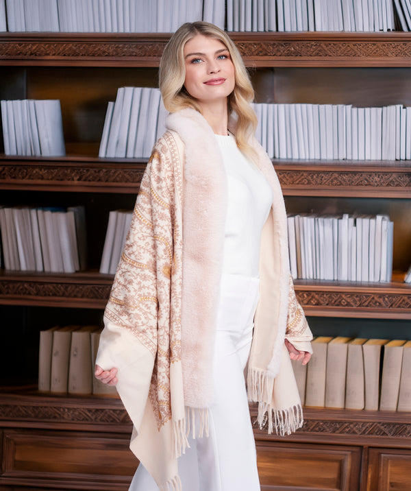 Abby - Beige Printed Wrap with Faux Fur Trim