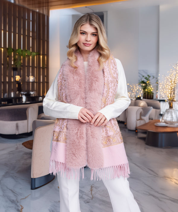 Abby - Blush Printed Wrap with Faux Fur Trim
