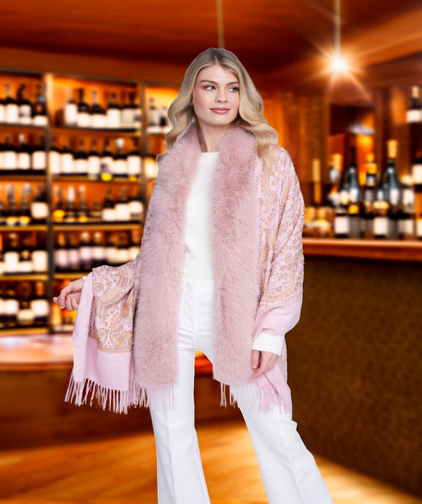 Abby - Blush Printed Wrap with Faux Fur Trim
