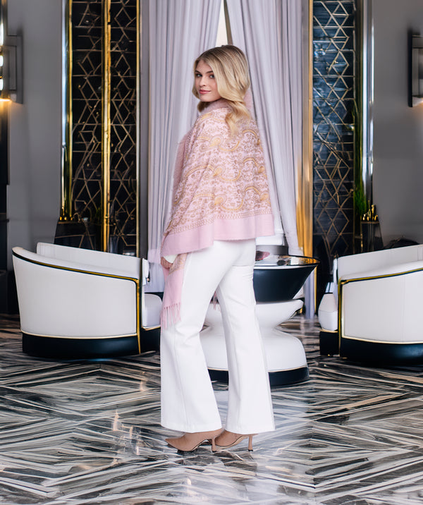 Abby - Blush Printed Wrap with Faux Fur Trim