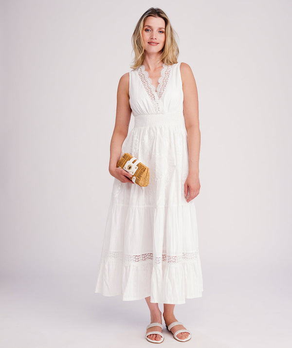 Acapulco - White Sleeveless Cotton Lace Maxi Dress