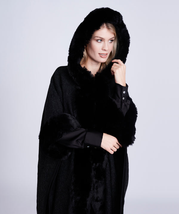 Black Midi Length Faux Fur Trimmed Wrap with Fringing