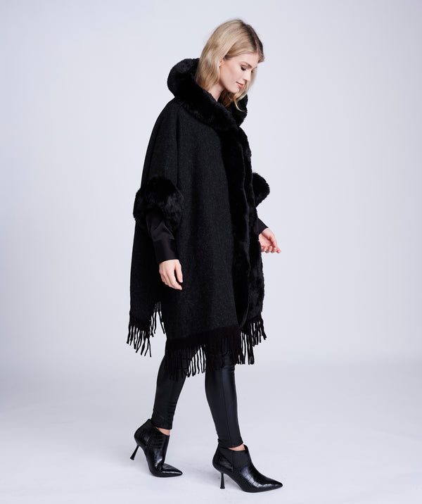 Black Midi Length Faux Fur Trimmed Wrap with Fringing