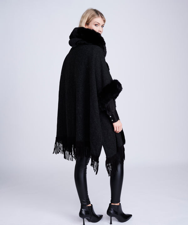 Black Midi Length Faux Fur Trimmed Wrap with Fringing