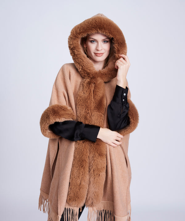 Camel Midi Length Wrap with Faux Fur Trim and Fringing