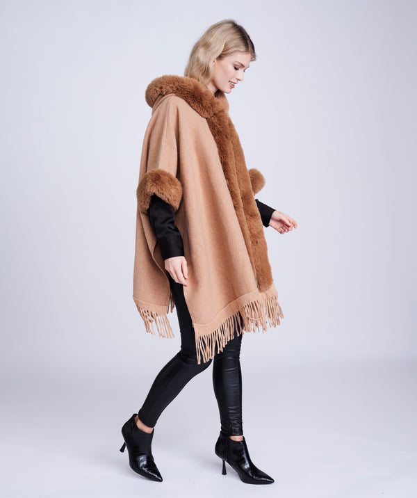 Camel Midi Length Wrap with Faux Fur Trim and Fringing