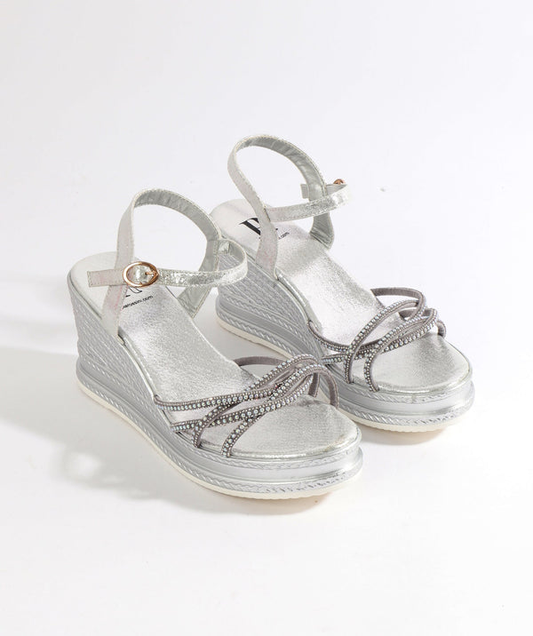 Silver Pearl Embellished Wedged Sandals