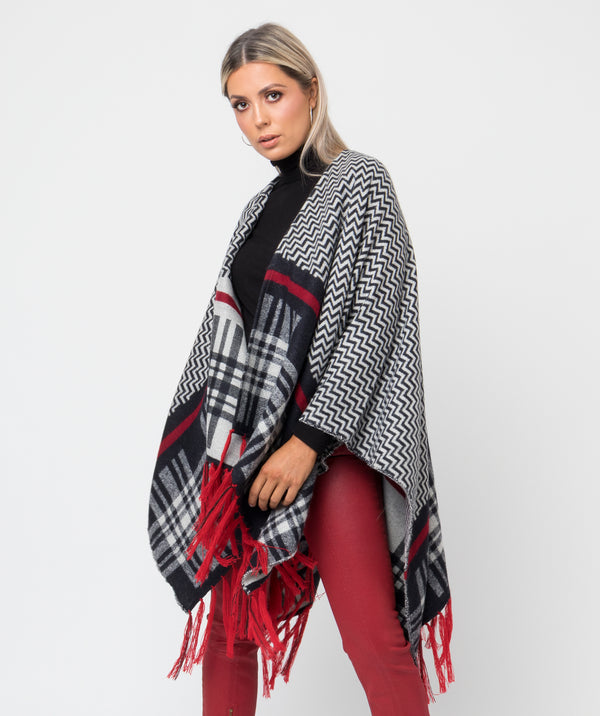 Alice - Black Checked Wrap with Red Fringes