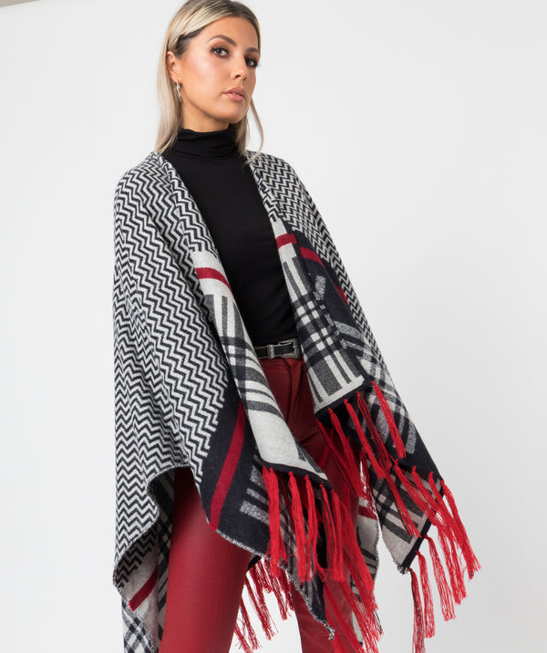 Alice - Black Checked Wrap with Red Fringes