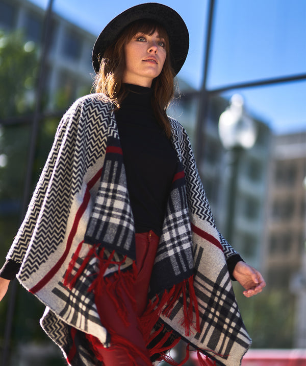 Alice - Black Checked Wrap with Red Fringes