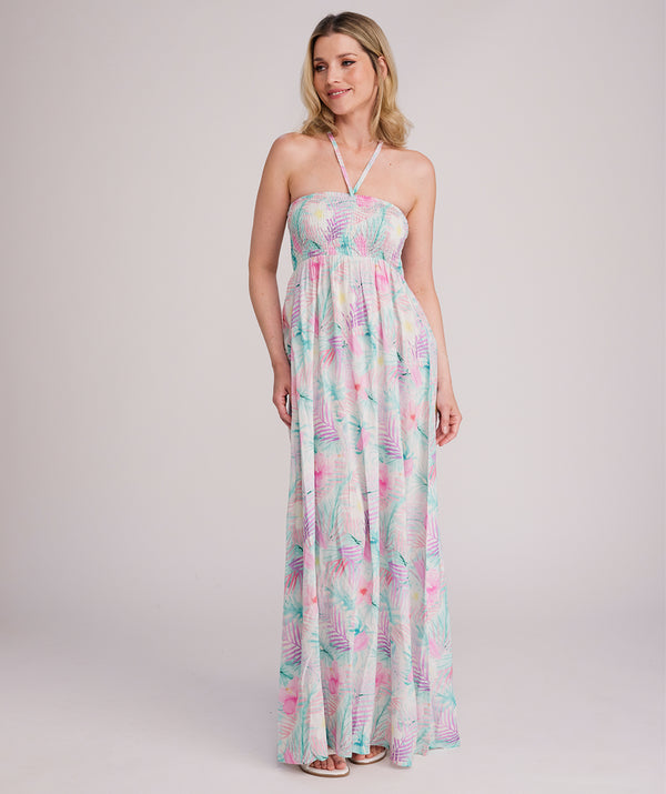 Pasadena - Vestido Maxi Tropical Turquesa Claro com Gola Halter