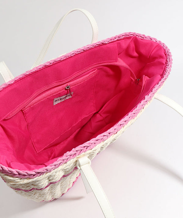Straw Beach Basket - Pink-White - Accessories, Alonzo, Bag, Pink, Summer Accessories